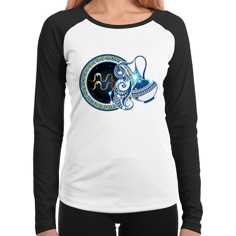 Baby Look Raglan Signo Aquário Astrologia Manga Longa