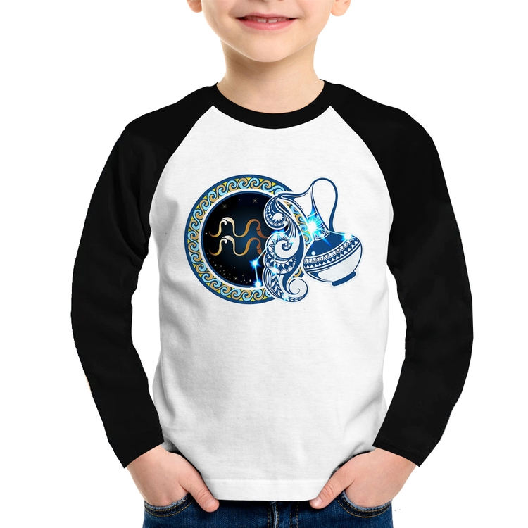Camiseta Raglan Infantil Signo Aquário Astrologia Manga Longa