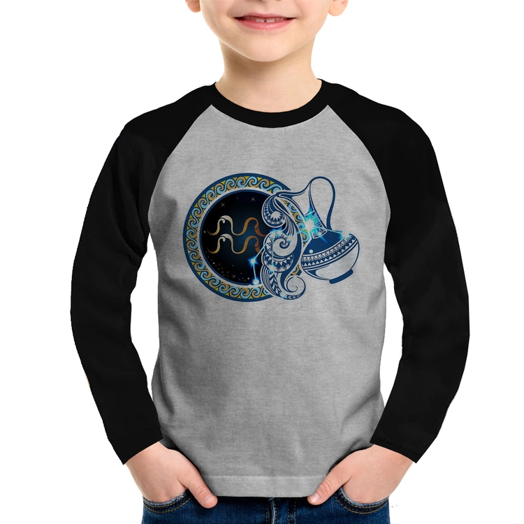 Camiseta Raglan Infantil Signo Aquário Astrologia Manga Longa - Cinza/Preto