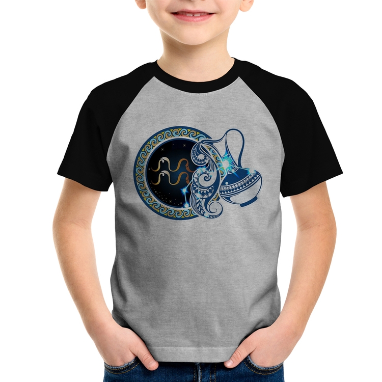 Camiseta Raglan Infantil Signo Aquário Astrologia - Cinza/Preto