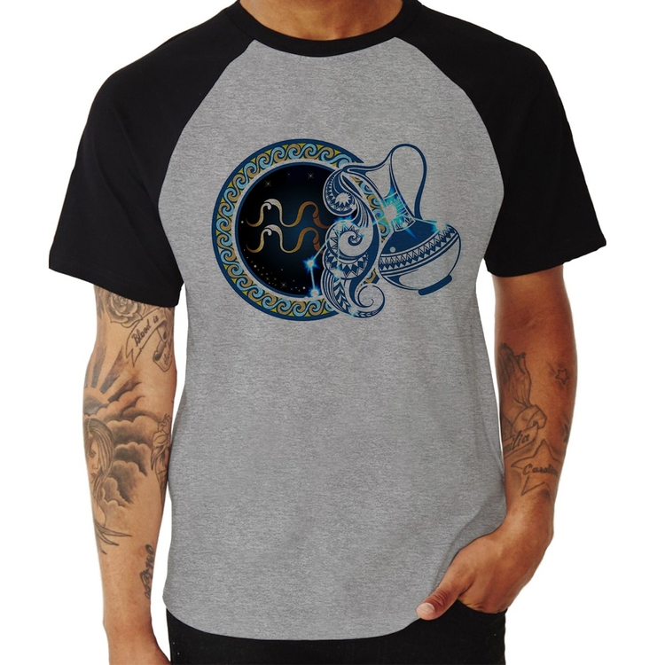 Camiseta Raglan Signo Aquário Astrologia - Cinza/Preto