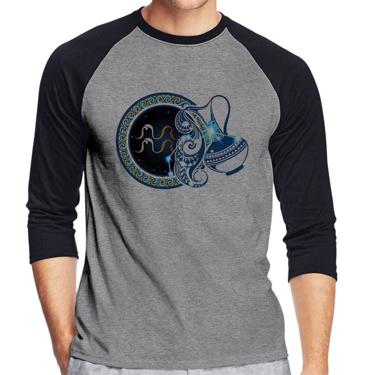 Camiseta Raglan Signo Aquário Astrologia Manga 3/4 - Cinza/Preto