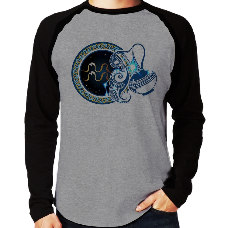Camiseta Raglan Signo Aquário Astrologia Manga Longa - Cinza/Preto