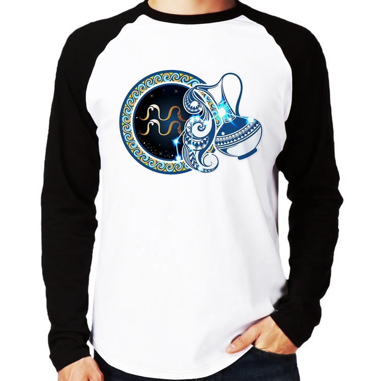 Camiseta Raglan Signo Aquário Astrologia Manga Longa