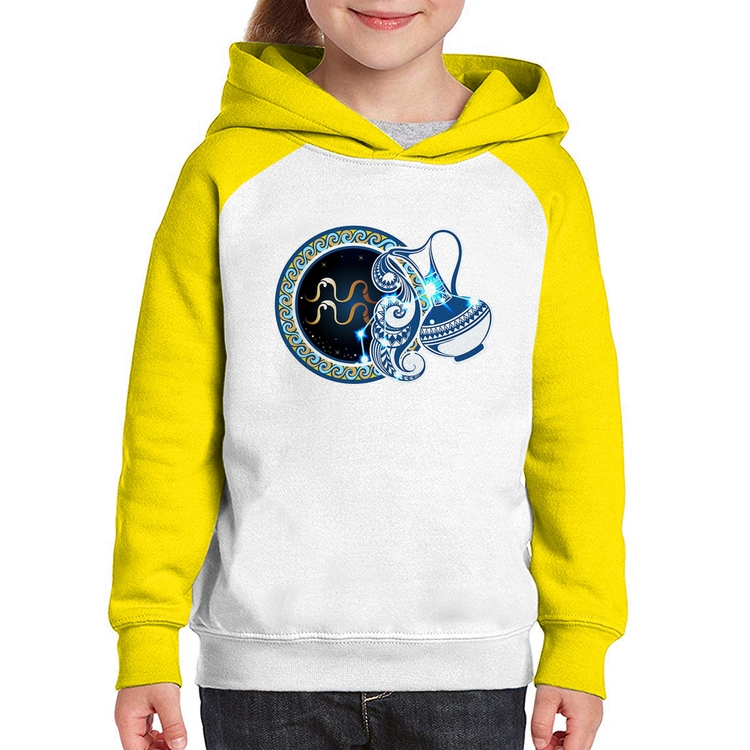 Moletom Infantil Signo Aquário Astrologia - Branco/Amarelo