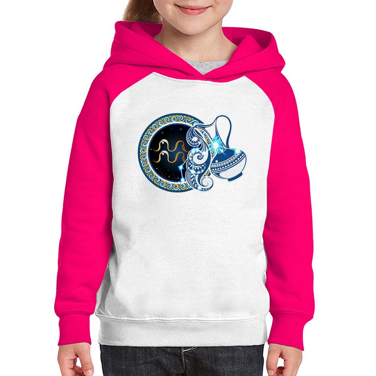 Moletom Infantil Signo Aquário Astrologia - Branco/Rosa