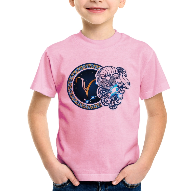 Camiseta Infantil Signo Áries Astrologia - Rosa Bebê