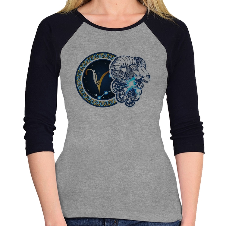 Baby Look Raglan Signo Áries Astrologia Manga 3/4 - Cinza/Preto