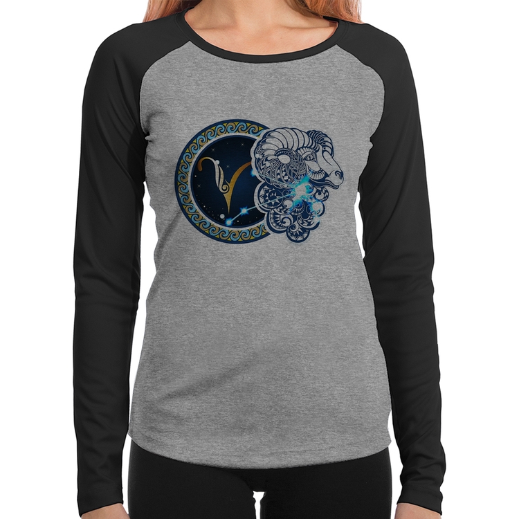 Baby Look Raglan Signo Áries Astrologia Manga Longa - Cinza/Preto