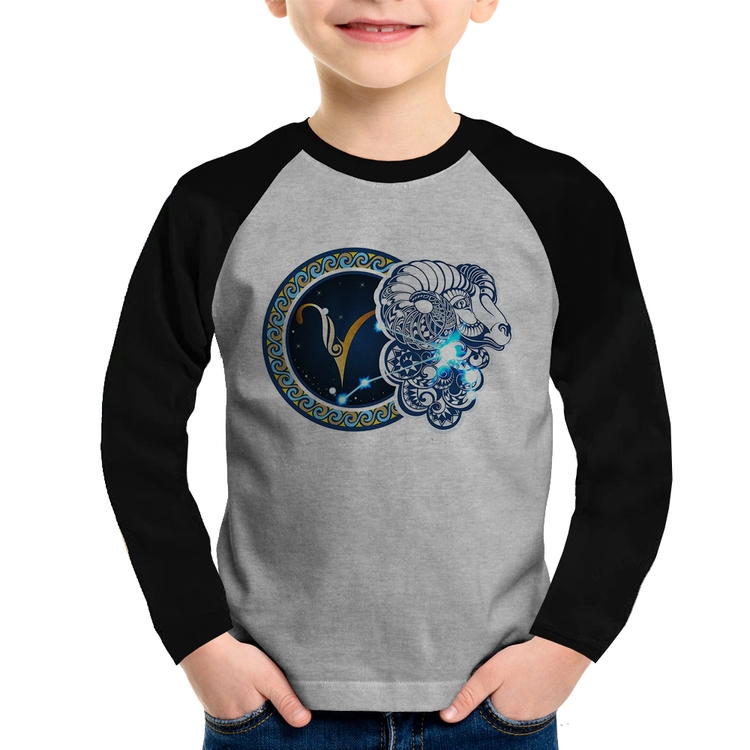 Camiseta Raglan Infantil Signo Áries Astrologia Manga Longa - Cinza/Preto