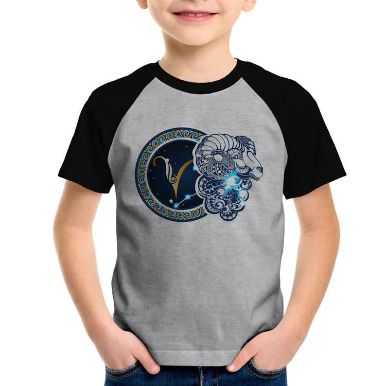 Camiseta Raglan Infantil Signo Áries Astrologia - Cinza/Preto