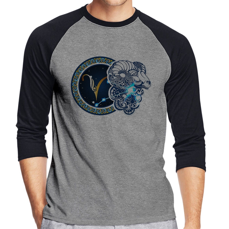 Camiseta Raglan Signo Áries Astrologia Manga 3/4 - Cinza/Preto