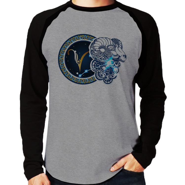 Camiseta Raglan Signo Áries Astrologia Manga Longa - Cinza/Preto