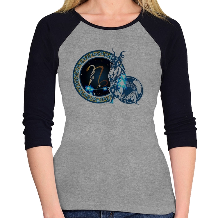 Baby Look Raglan Signo Capricórnio Astrologia Manga 3/4 - Cinza/Preto