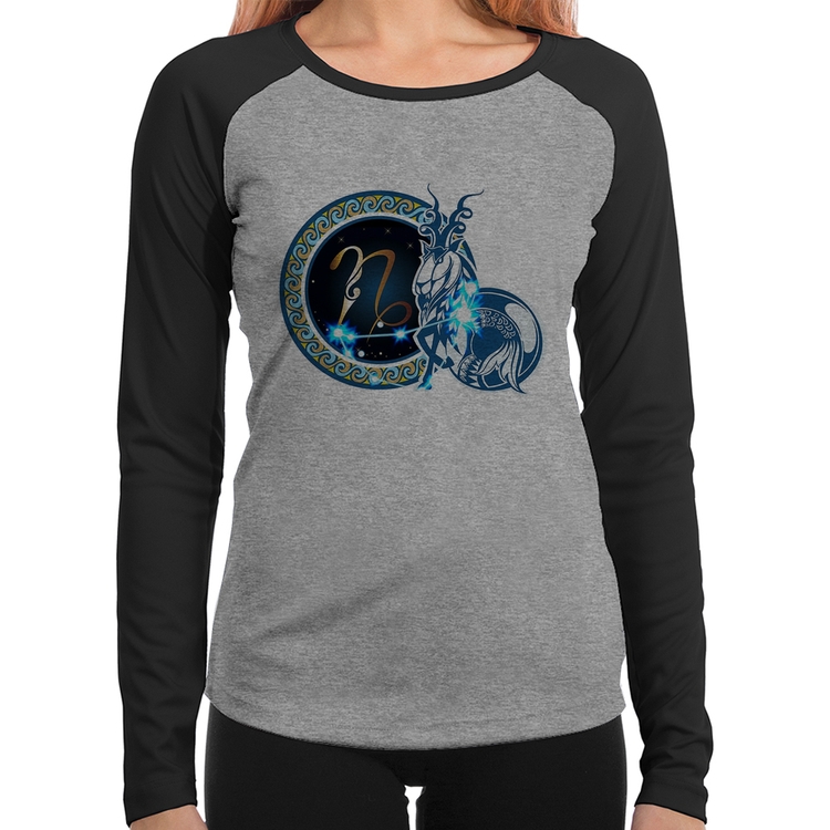 Baby Look Raglan Signo Capricórnio Astrologia Manga Longa - Cinza/Preto