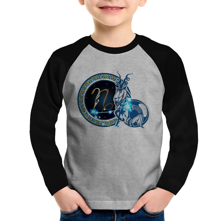 Camiseta Raglan Infantil Signo Capricórnio Astrologia Manga Longa - Cinza/Preto