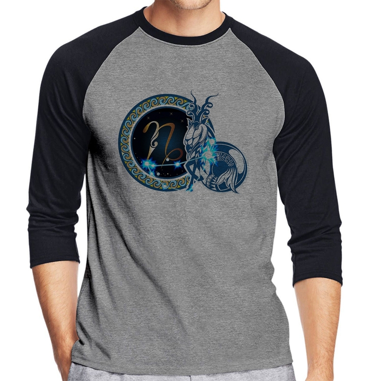 Camiseta Raglan Signo Capricórnio Astrologia Manga 3/4 - Cinza/Preto