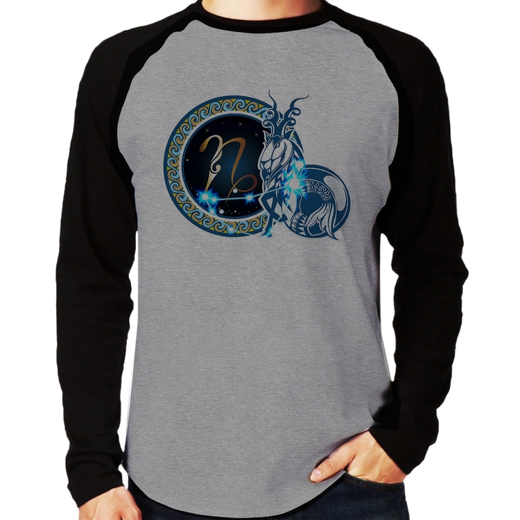 Camiseta Raglan Signo Capricórnio Astrologia Manga Longa - Cinza/Preto
