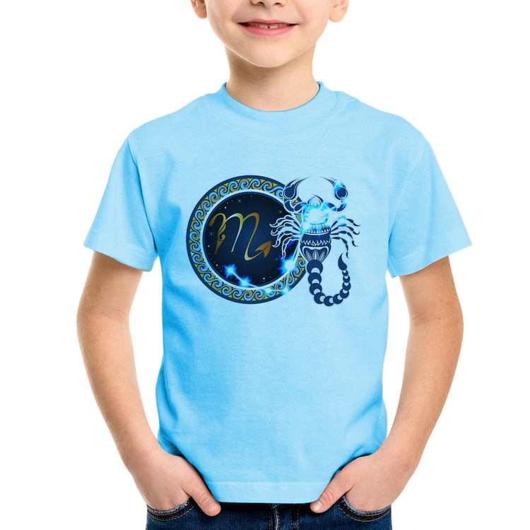 Camiseta Infantil Signo Escorpião Astrologia - Azul Bebê