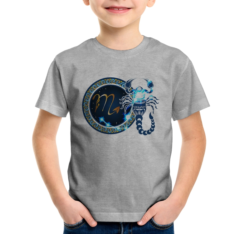 Camiseta Infantil Signo Escorpião Astrologia - Cinza