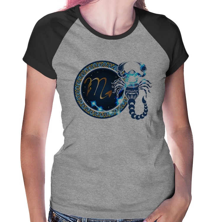 Baby Look Raglan Signo Escorpião Astrologia - Cinza/Preto