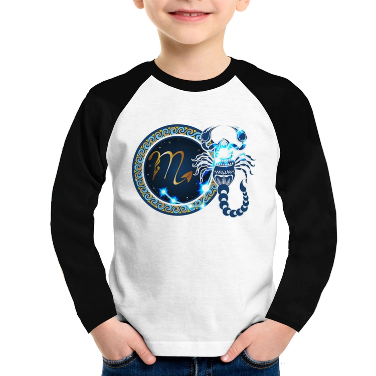 Camiseta Raglan Infantil Signo Escorpião Astrologia Manga Longa