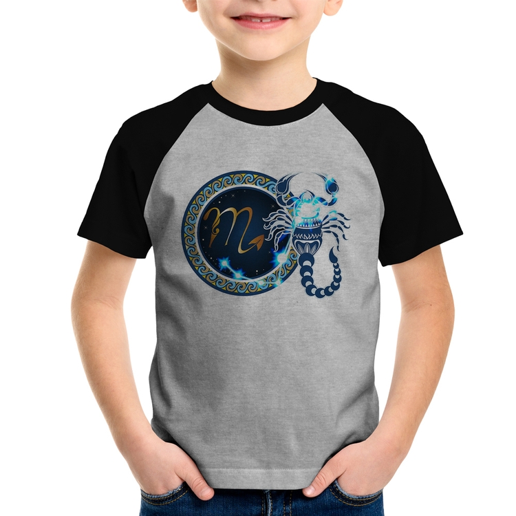Camiseta Raglan Infantil Signo Escorpião Astrologia - Cinza/Preto