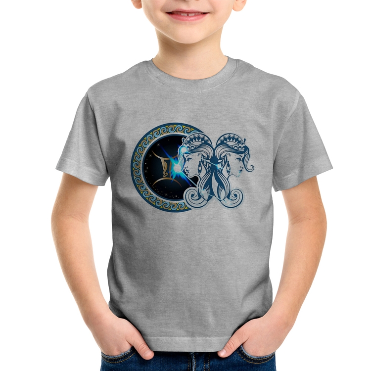Camiseta Infantil Signo Gêmeos Astrologia - Cinza