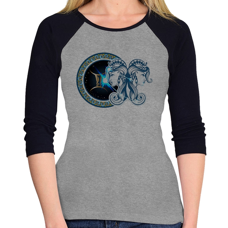 Baby Look Raglan Signo Gêmeos Astrologia Manga 3/4 - Cinza/Preto