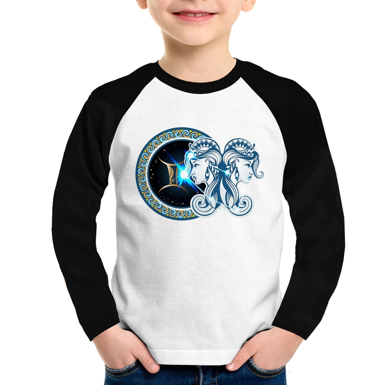 Camiseta Raglan Infantil Signo Gêmeos Astrologia Manga Longa