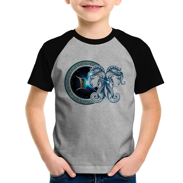 Camiseta Raglan Infantil Signo Gêmeos Astrologia - Cinza/Preto