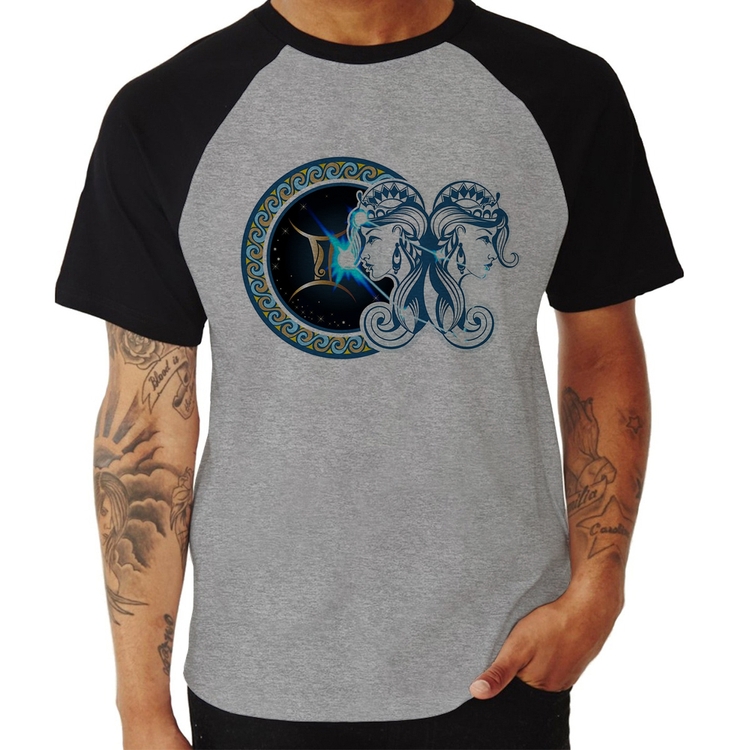 Camiseta Raglan Signo Gêmeos Astrologia - Cinza/Preto