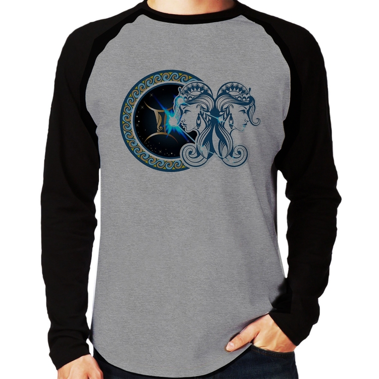 Camiseta Raglan Signo Gêmeos Astrologia Manga Longa - Cinza/Preto