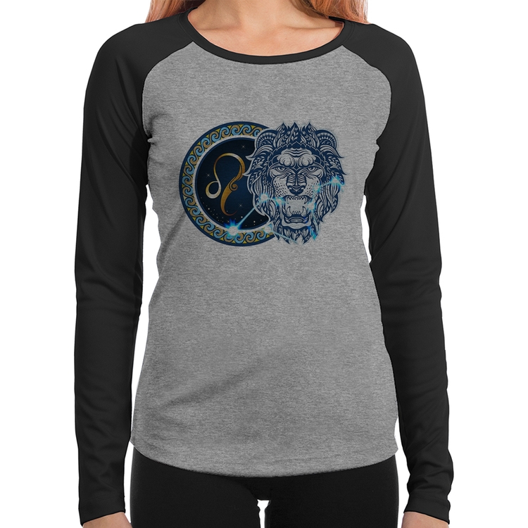 Baby Look Raglan Signo Leão Astrologia Manga Longa - Cinza/Preto