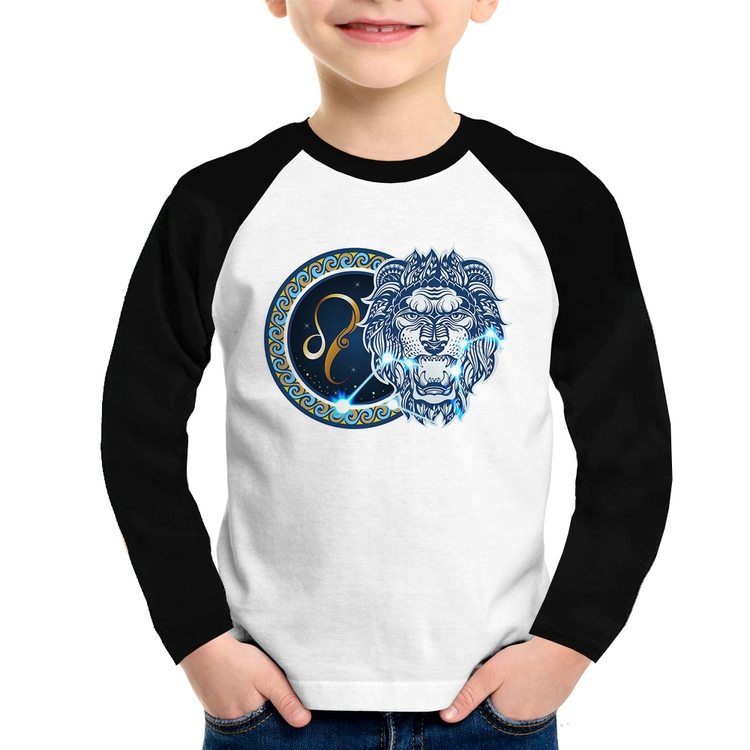 Camiseta Raglan Infantil Signo Leão Astrologia Manga Longa
