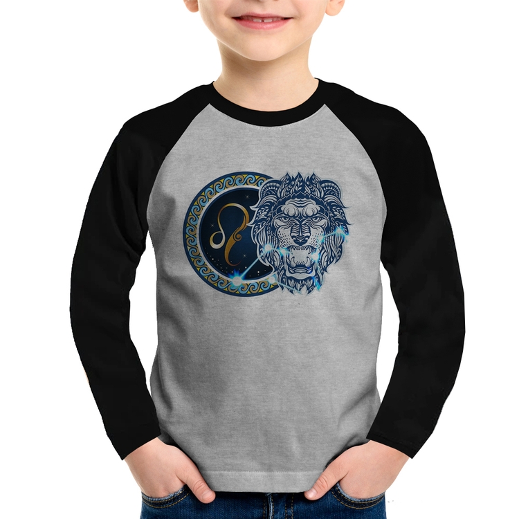 Camiseta Raglan Infantil Signo Leão Astrologia Manga Longa - Cinza/Preto