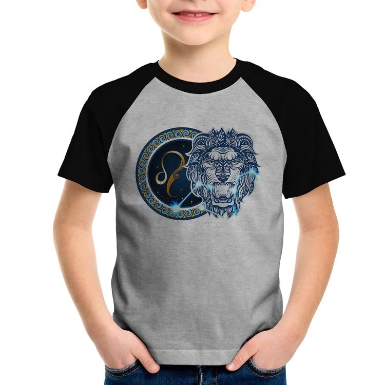 Camiseta Raglan Infantil Signo Leão Astrologia - Cinza/Preto
