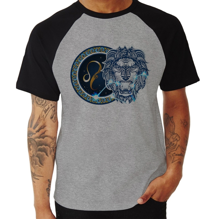 Camiseta Raglan Signo Leão Astrologia - Cinza/Preto