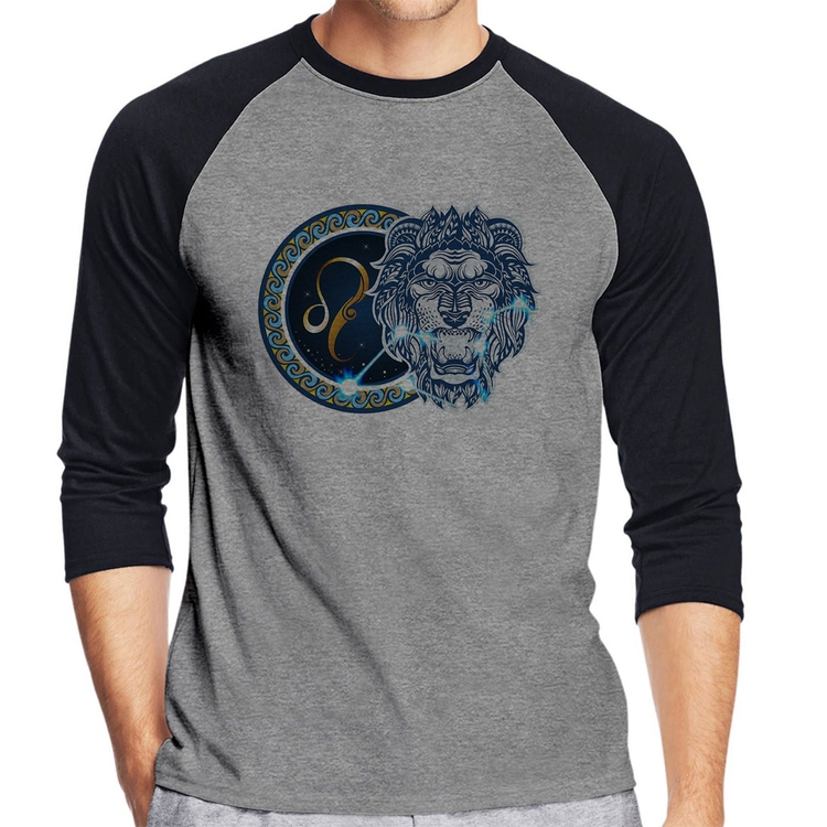 Camiseta Raglan Signo Leão Astrologia Manga 3/4 - Cinza/Preto