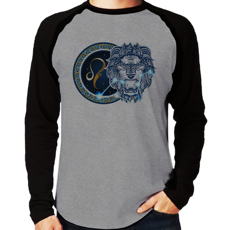 Camiseta Raglan Signo Leão Astrologia Manga Longa - Cinza/Preto
