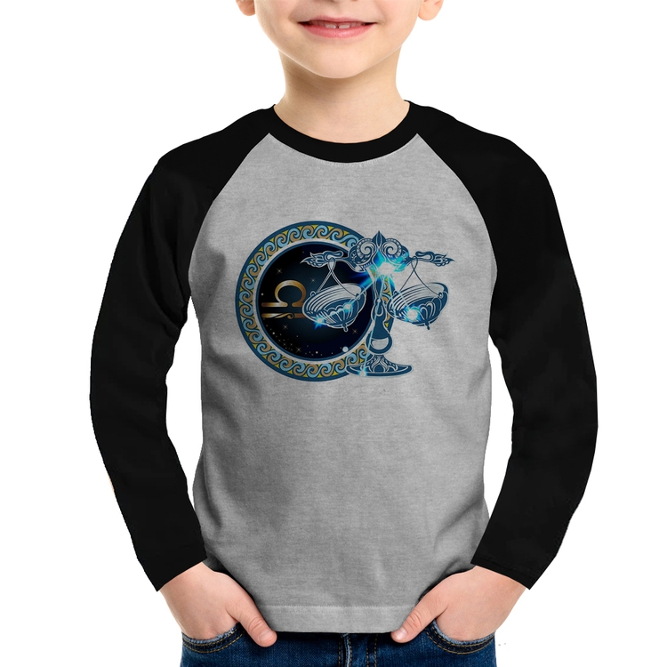 Camiseta Raglan Infantil Signo Libra Astrologia Manga Longa - Cinza/Preto