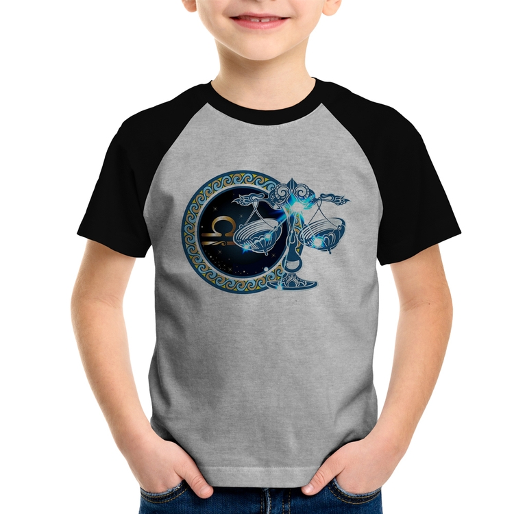 Camiseta Raglan Infantil Signo Libra Astrologia - Cinza/Preto