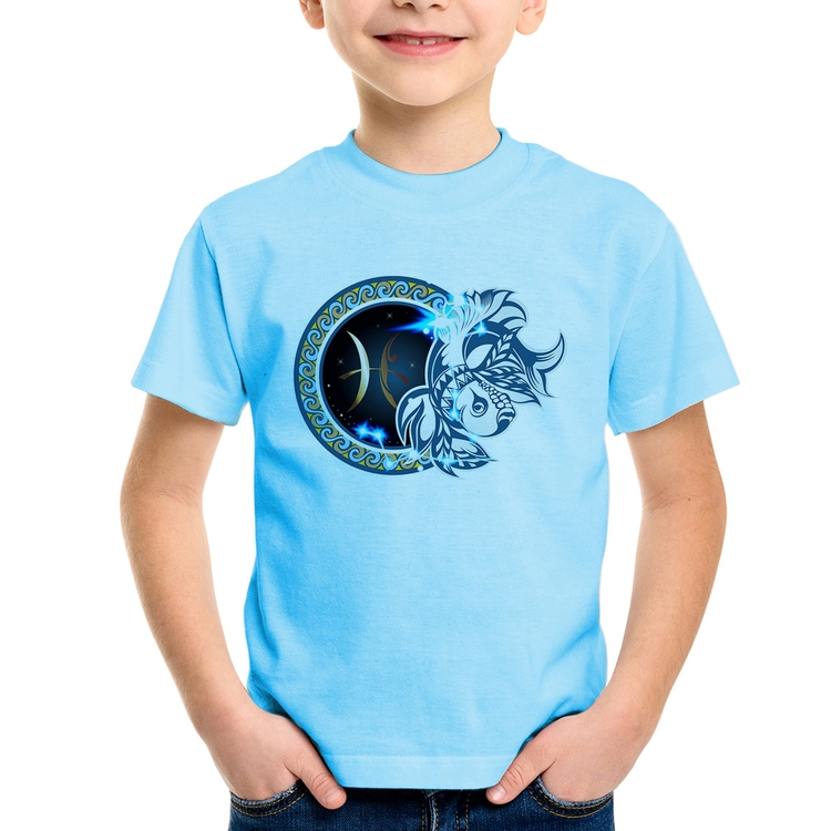 Camiseta Infantil Signo Peixes Astrologia - Azul Bebê
