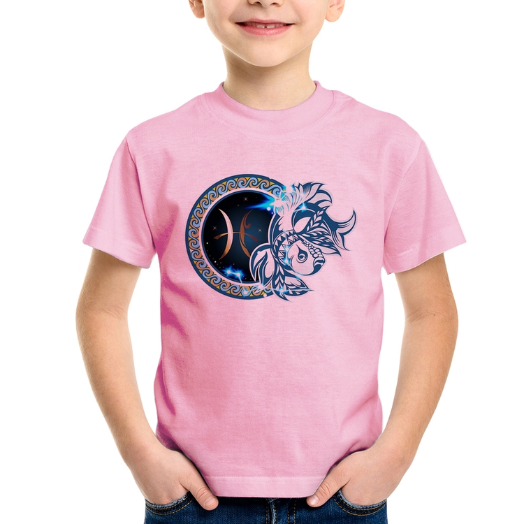 Camiseta Infantil Signo Peixes Astrologia - Rosa Bebê