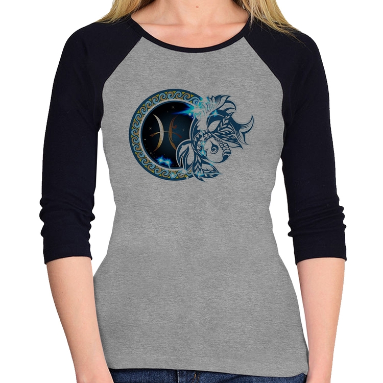 Baby Look Raglan Signo Peixes Astrologia Manga 3/4 - Cinza/Preto