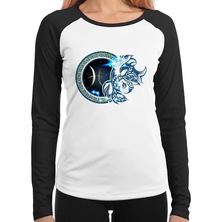 Baby Look Raglan Signo Peixes Astrologia Manga Longa