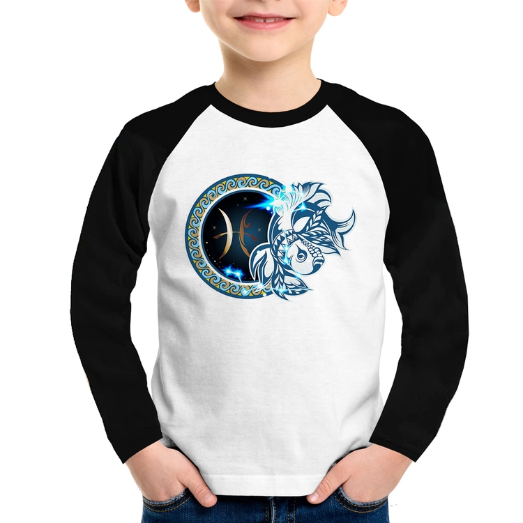 Camiseta Raglan Infantil Signo Peixes Astrologia Manga Longa
