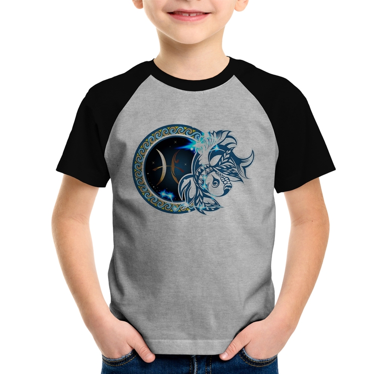 Camiseta Raglan Infantil Signo Peixes Astrologia - Cinza/Preto