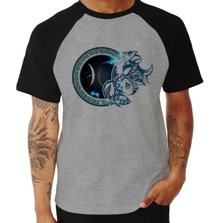 Camiseta Raglan Signo Peixes Astrologia - Cinza/Preto