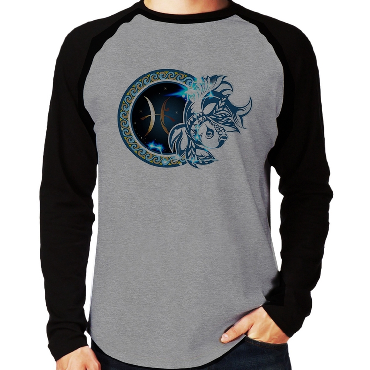 Camiseta Raglan Signo Peixes Astrologia Manga Longa - Cinza/Preto